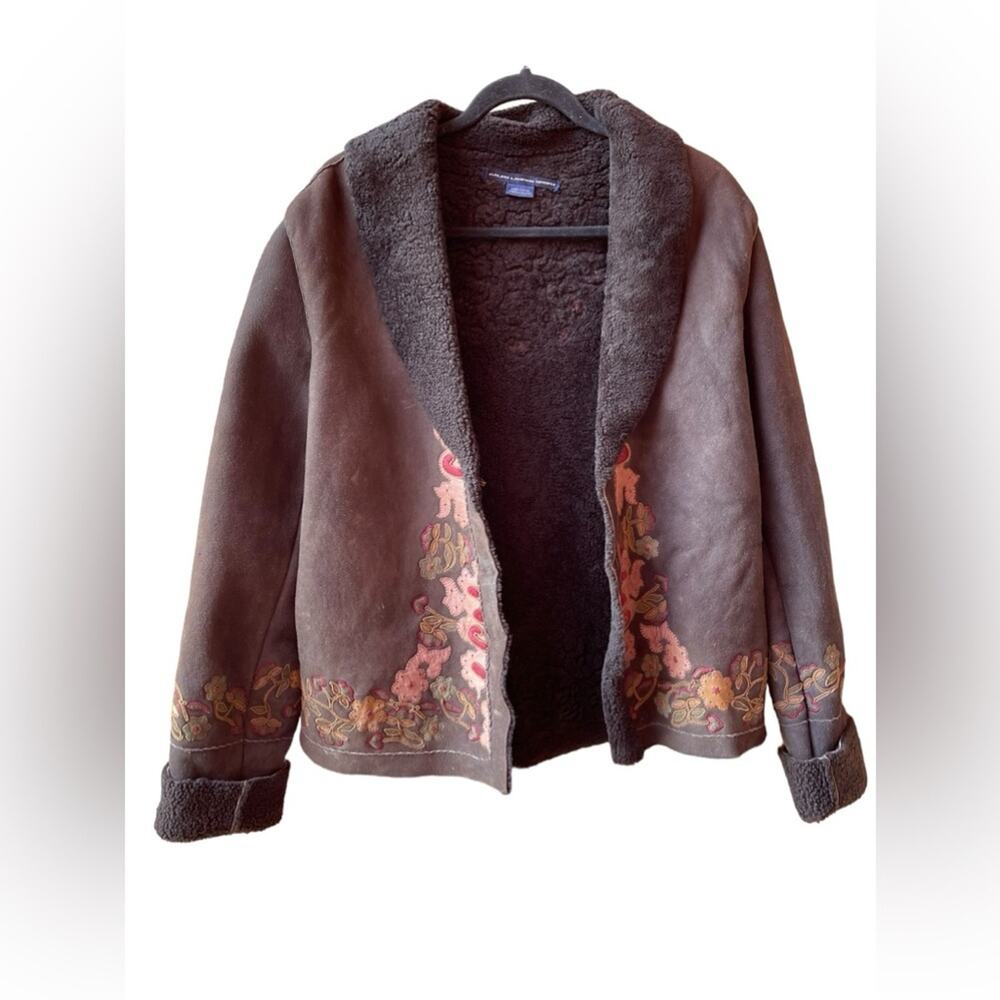 VTG Ralph Lauren Coat SHEARLING Suede LEATHER Embroider BOHO Penny Lane Women - Picture 3 of 10